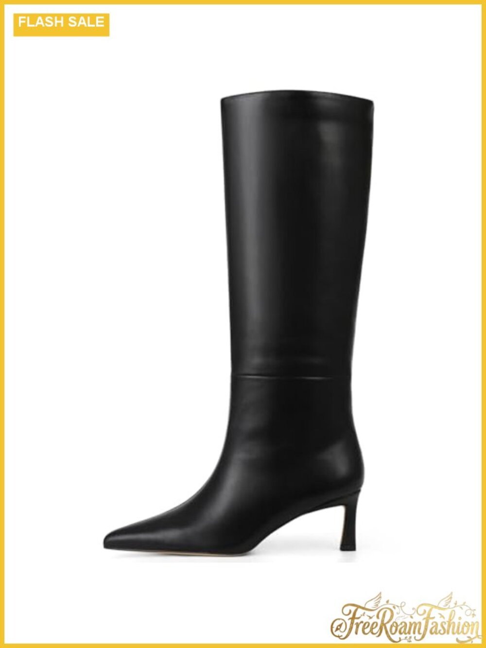 Womens Wide Calf Knee High Boots Faux Leather Kitten Heel Pointed Toe Pull On